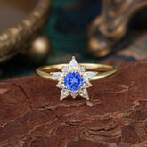 Cluster Lab Grown Sapphire Engagement Ring Round Cut Floral Bridal Ring